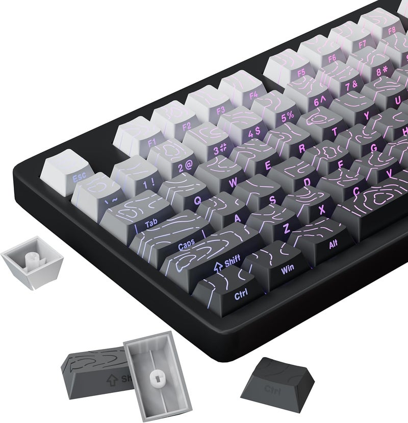 FunHub Shine Through PBT Keycaps - Black Double Shot Side Printed Backlit Keycaps Set 133 Keys 60% 65% 75% 100% Cherry Profile,Gradient Topographic Custom Key Caps for MX Switch Gaming Keyboards - Image 1